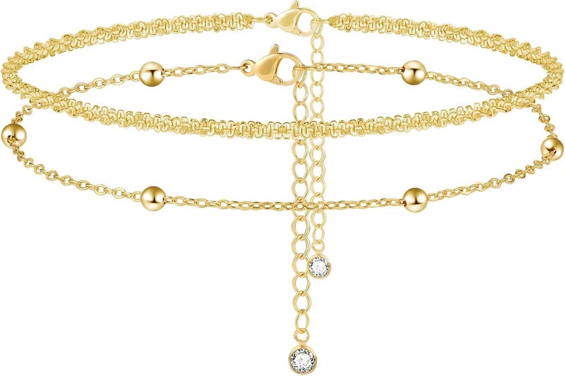 MIDEEO Gold/Silver Ankle Bracelets for Women,14K Gold Anklets for Women Waterproof Cuban Link Heart Beads Herringbone Rhinestone Anklets Set Layered Anklet Bracelets for Women Gold Jewelry Gift - Image 1